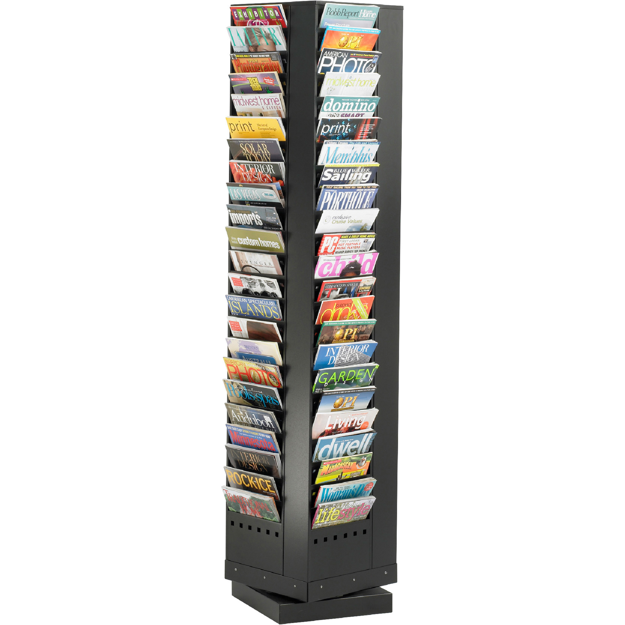 Safco 92-Pocket Steel Rotary Magazine Rack, Black, 14in.W x 14in.D x 68in.H, Model# 4325BL